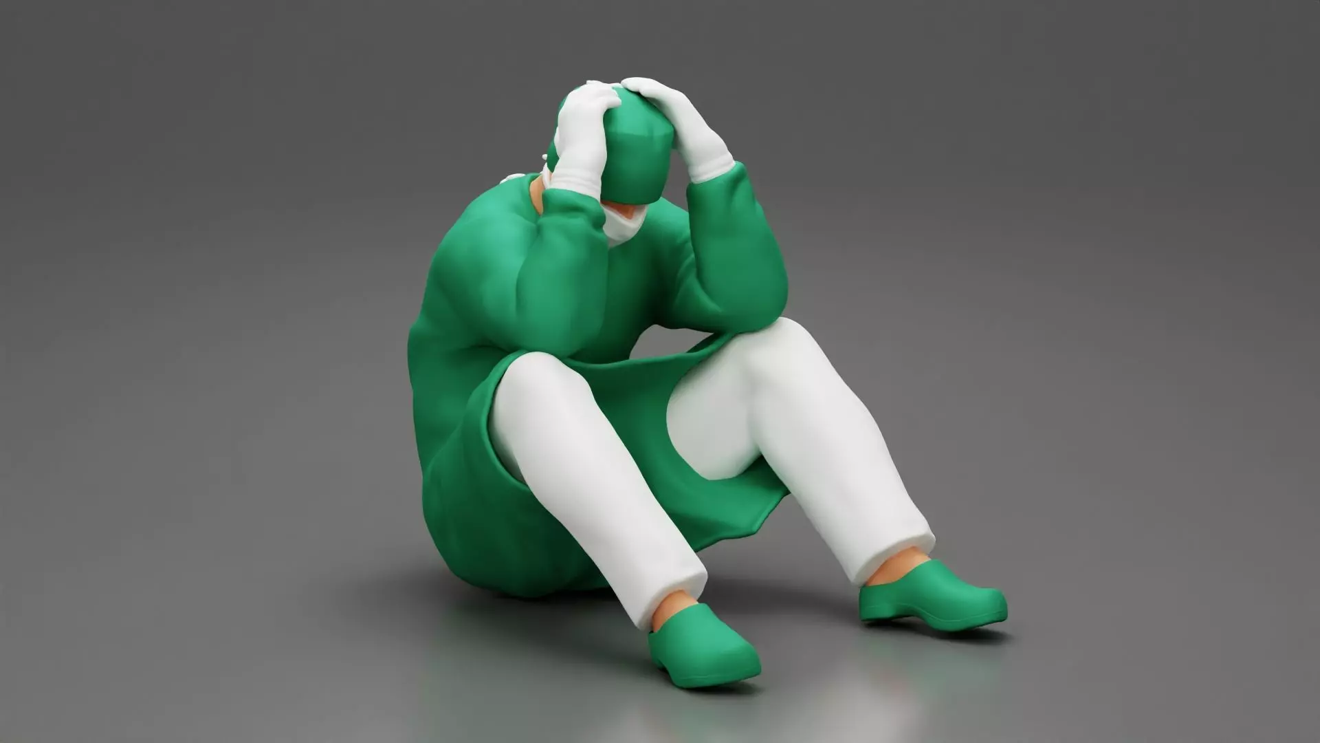 Thoughtful Surgeon Sitting In A Operating Room His Hand On Head 3D print model_0