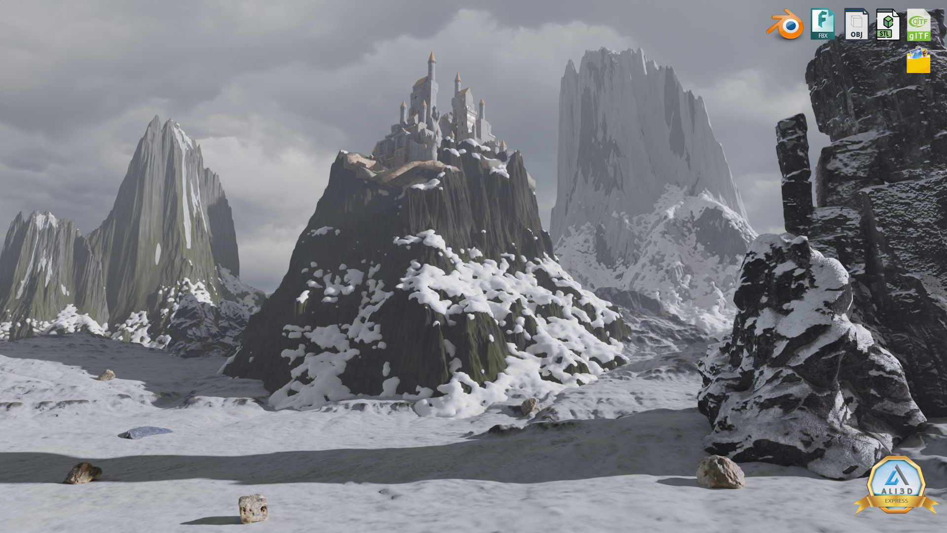 Majestic Snow-Capped Mountain Range with Enchanting Mist 3D model_6