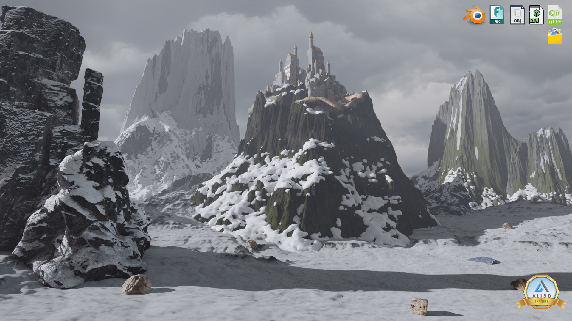 Majestic Snow-Capped Mountain Range with Enchanting Mist 3D model_5