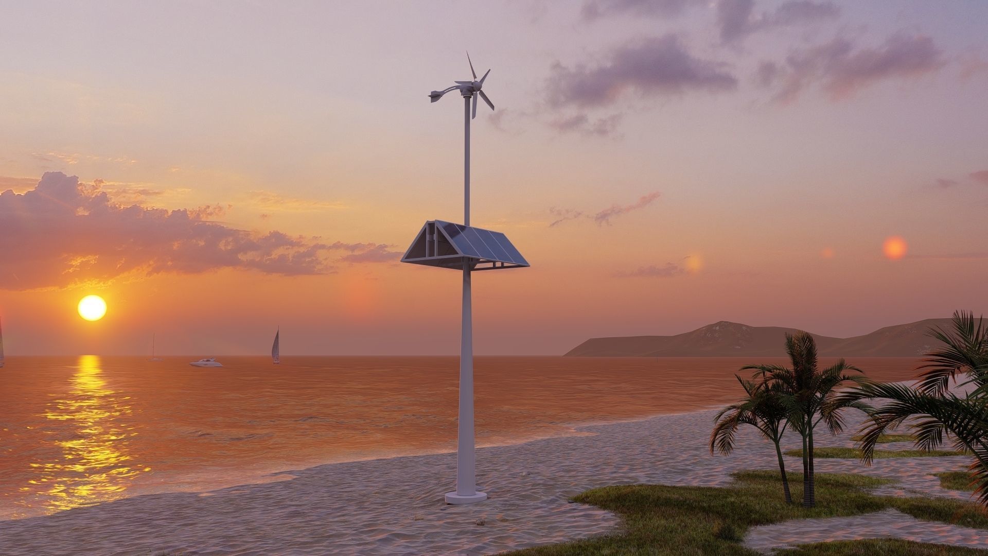 Animated Wind Turbine with solar panels Low-poly 3D model_4