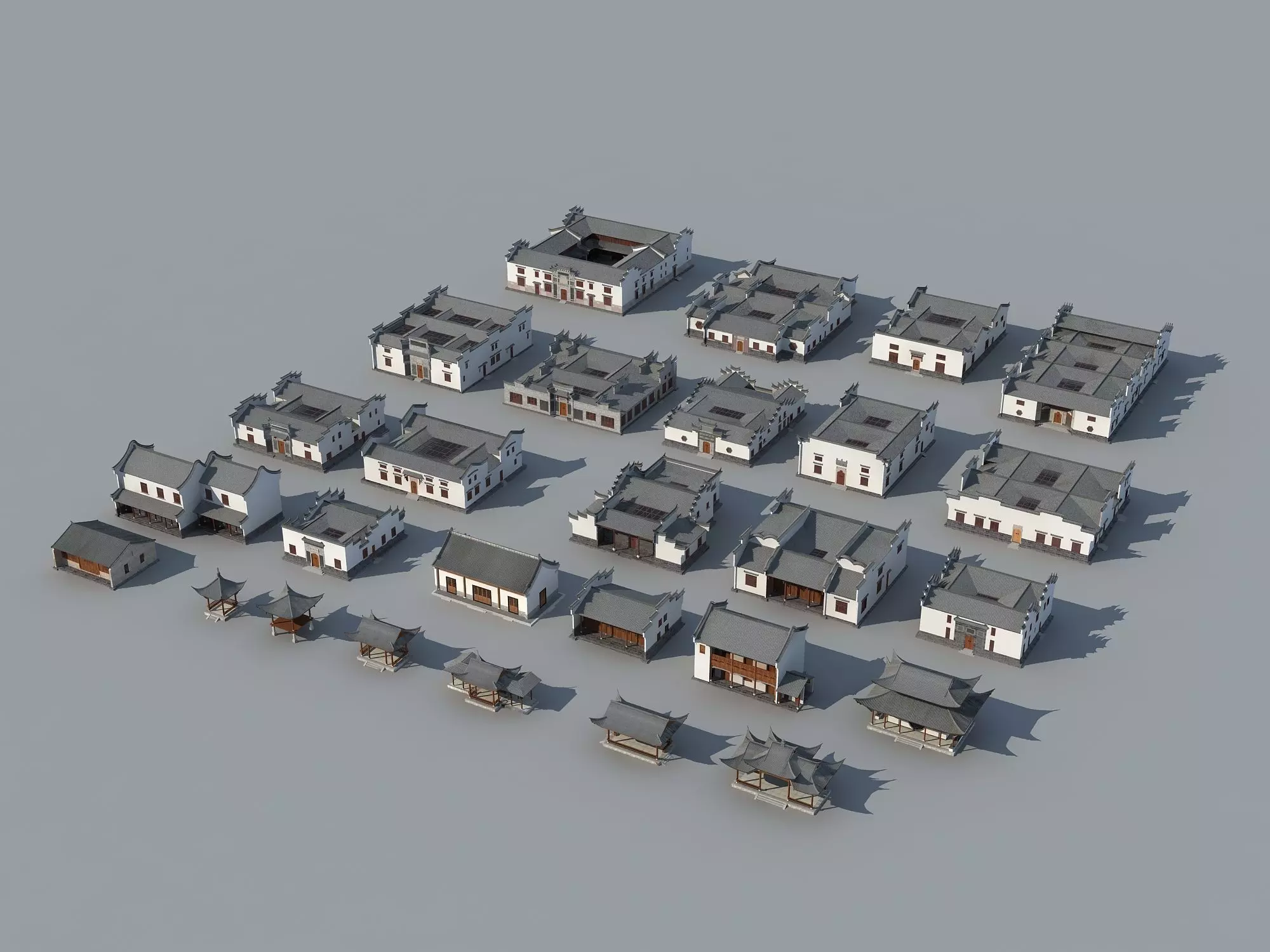 town Chinese style commercial residential buildings 3D model_0