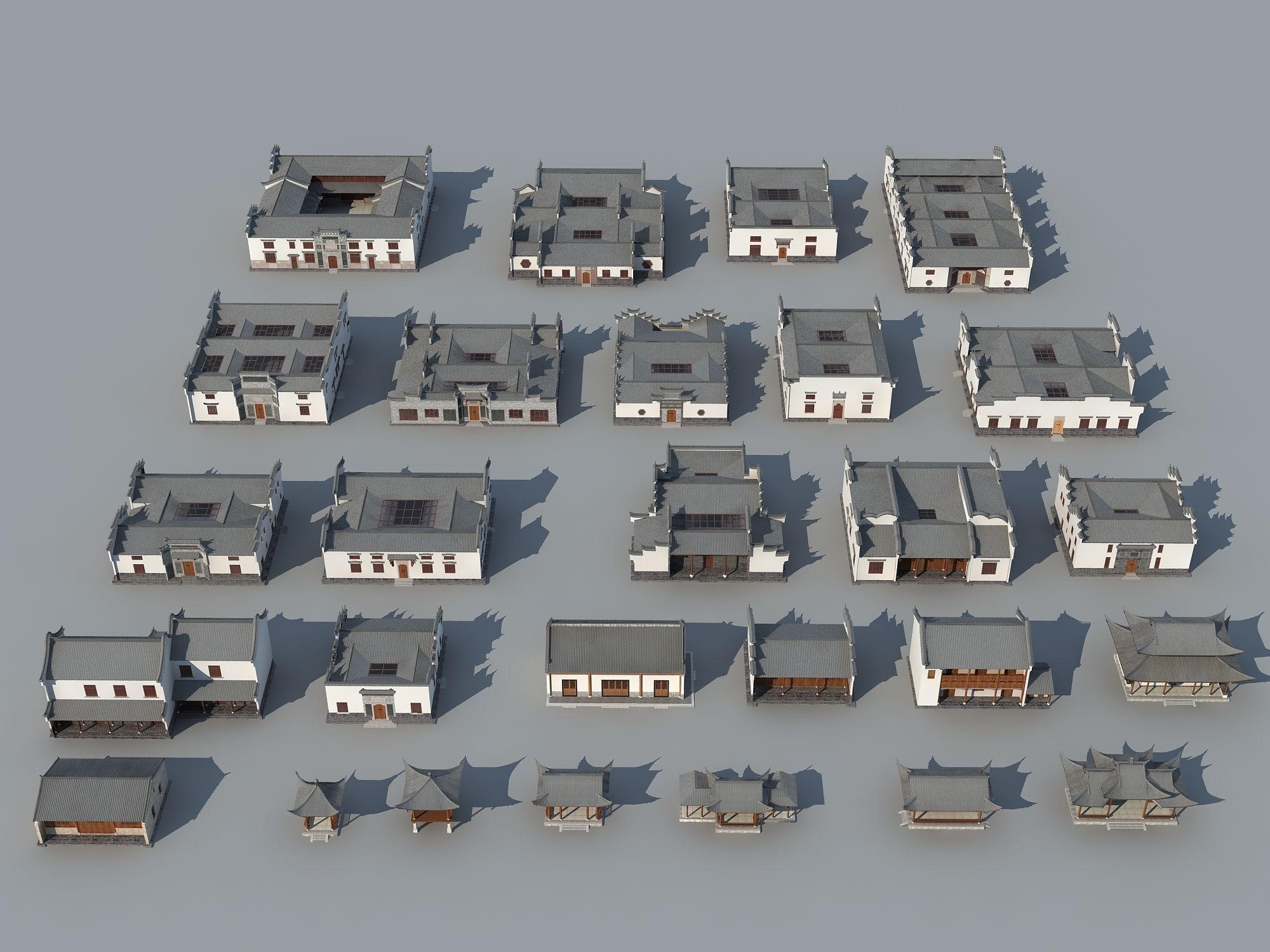town Chinese style commercial residential buildings 3D model_1