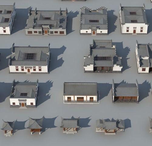 town Chinese style commercial residential buildings 3D model_2