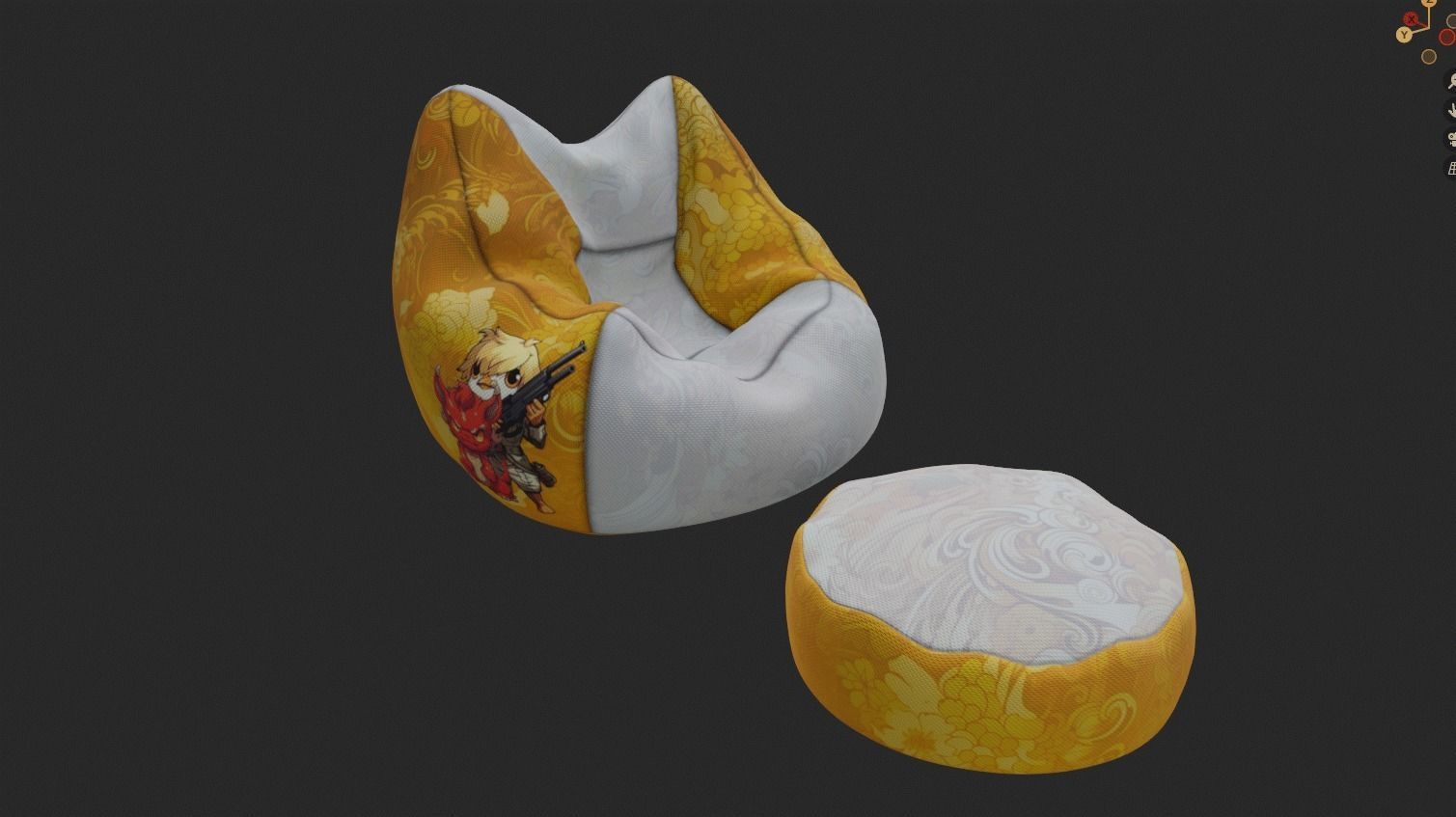 Bean bag chair ottoman pouf  gaming gamer 3d model  set 2 Low-poly 3D model_8