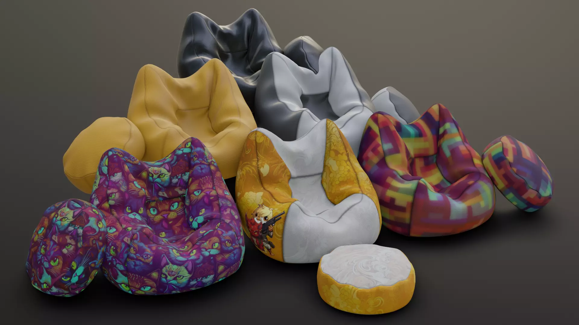 Bean bag chair ottoman pouf  gaming gamer 3d model  set 2 Low-poly 3D model_0