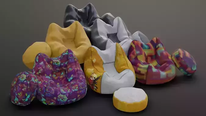 Bean bag chair ottoman pouf  gaming gamer 3d model  set 2