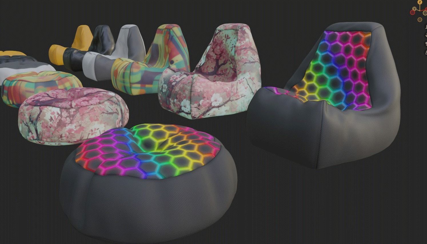 Bean bag chair ottoman pouf gaming gamer 3d model set 3 Low-poly 3D model_16