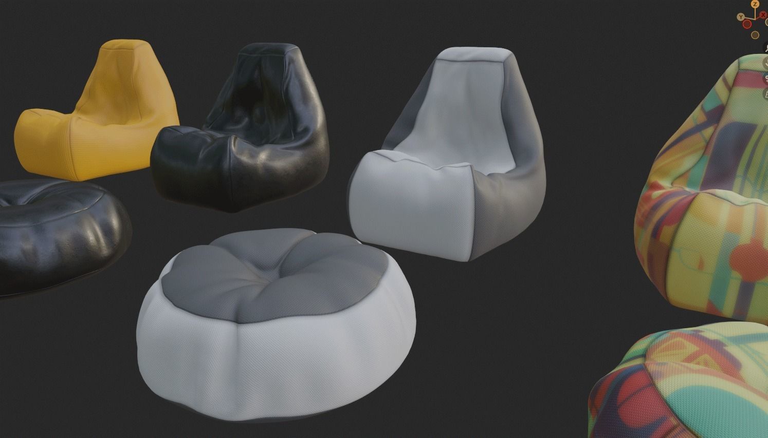 Bean bag chair ottoman pouf gaming gamer 3d model set 3 Low-poly 3D model_12