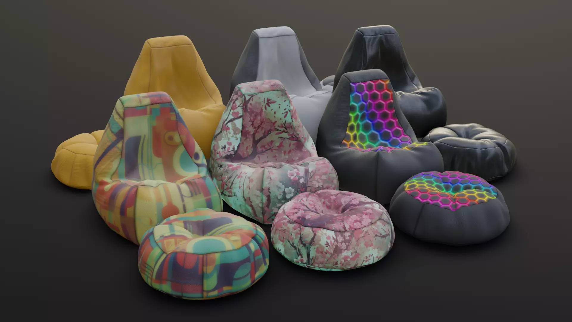 Bean bag chair ottoman pouf gaming gamer 3d model set 3 Low-poly 3D model_0