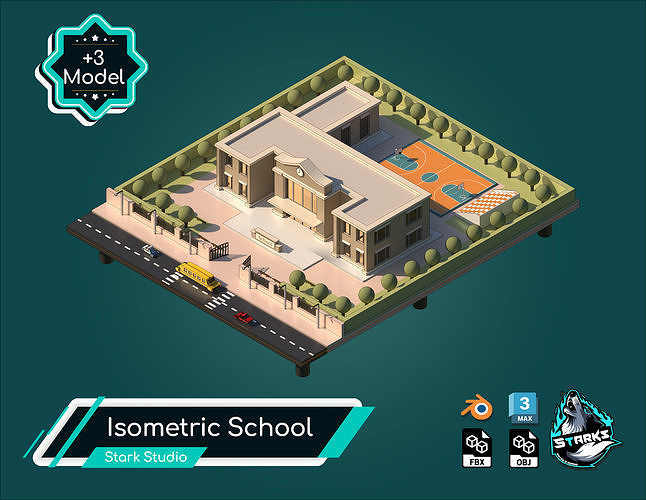 Isometric School  Low-poly 3D model