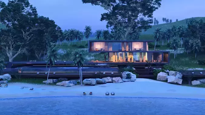 Folding modern architecture beach house villa vray 3dsmax