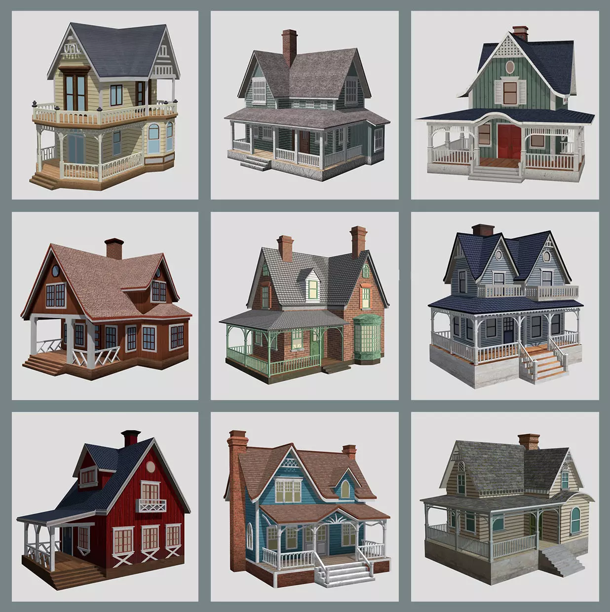 American Style Cottages - Town Houses Models 3D Model Collection_0