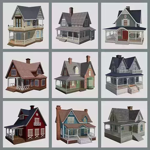 American Style Cottages - Town Houses Models 3D Model Collection