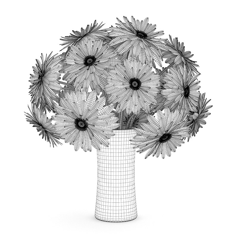 Three-Color Flowers in Black Vase 3D model_3