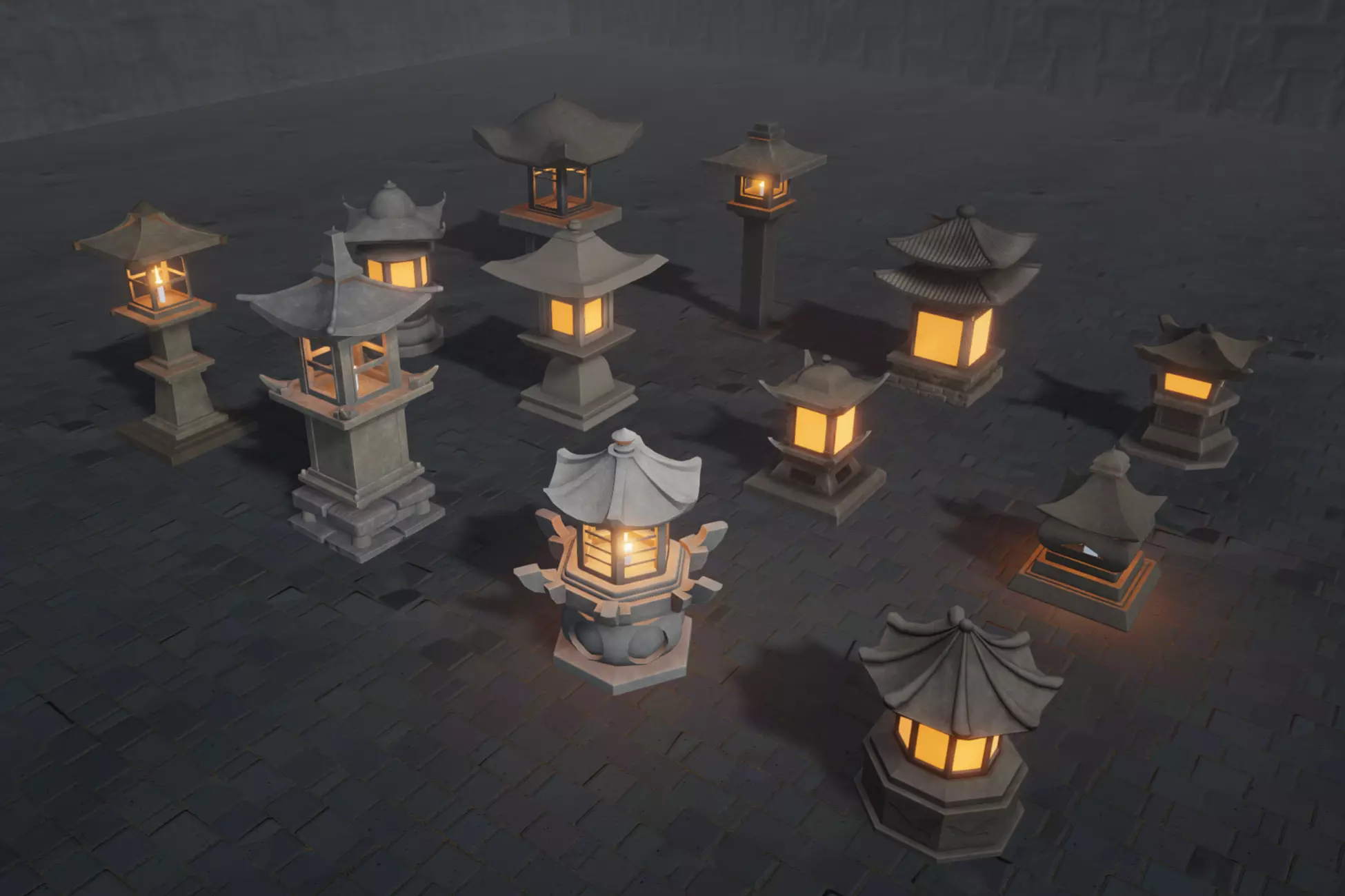 12 Stone Lanterns Low-poly 3D model