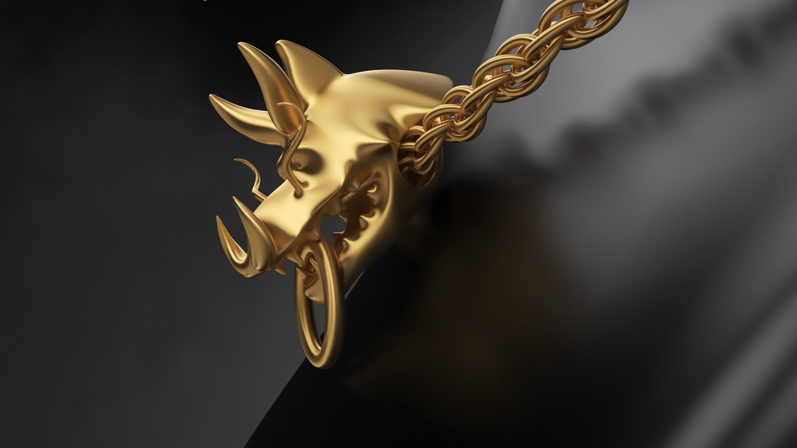 3D Gold Chinese Dragon Head Pendant with Multi layers Chain 3D print model_2