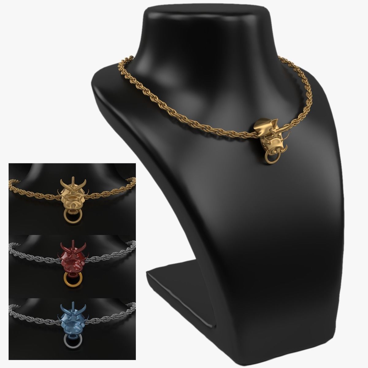 3D Gold Chinese Dragon Head Pendant with Multi layers Chain 3D print model_9