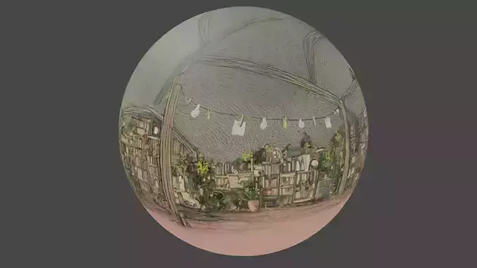 Attic library 360 VR sky background cute drawing Low-poly 3D model