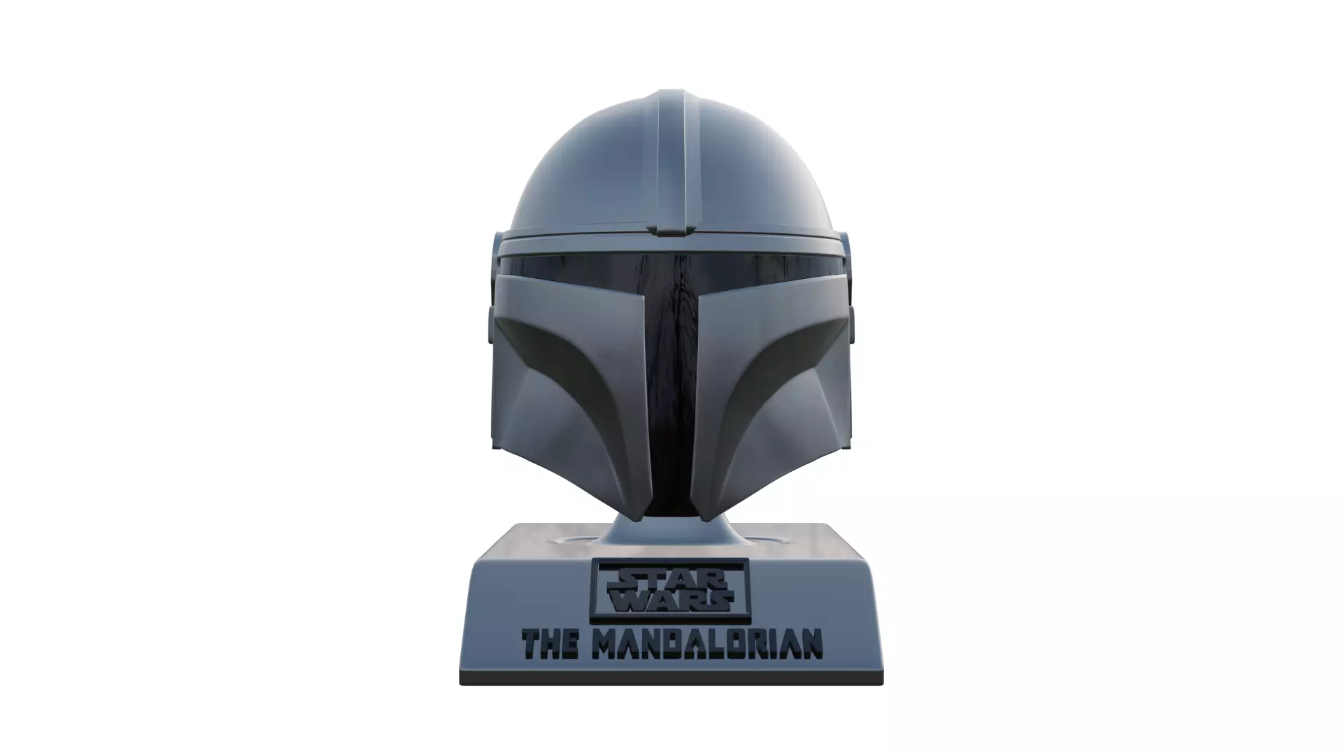 A Mandalorian helmet on display 3D print model