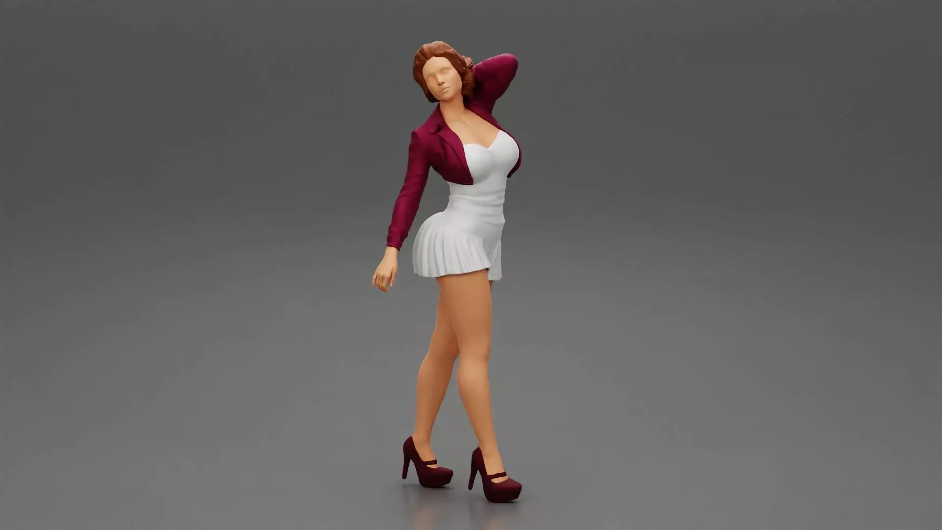 Beautiful woman in a dress walking with hand on head 3D print model_0