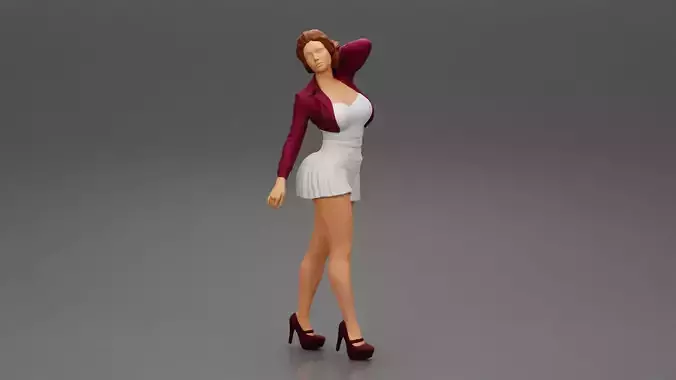 Beautiful woman in a dress walking with hand on head