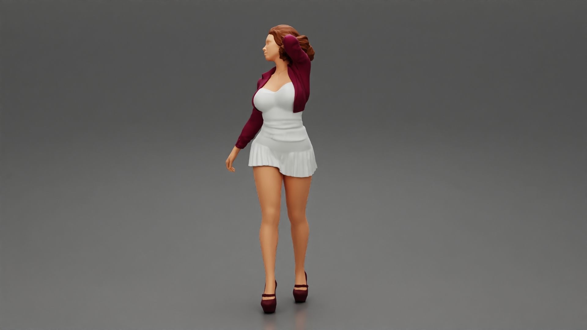 Beautiful woman in a dress walking with hand on head 3D print model_8