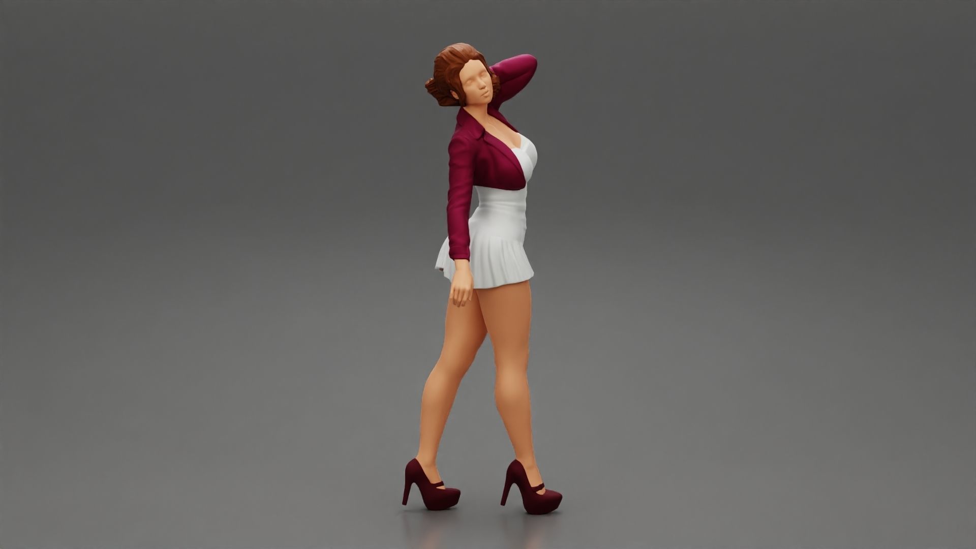 Beautiful woman in a dress walking with hand on head 3D print model_1