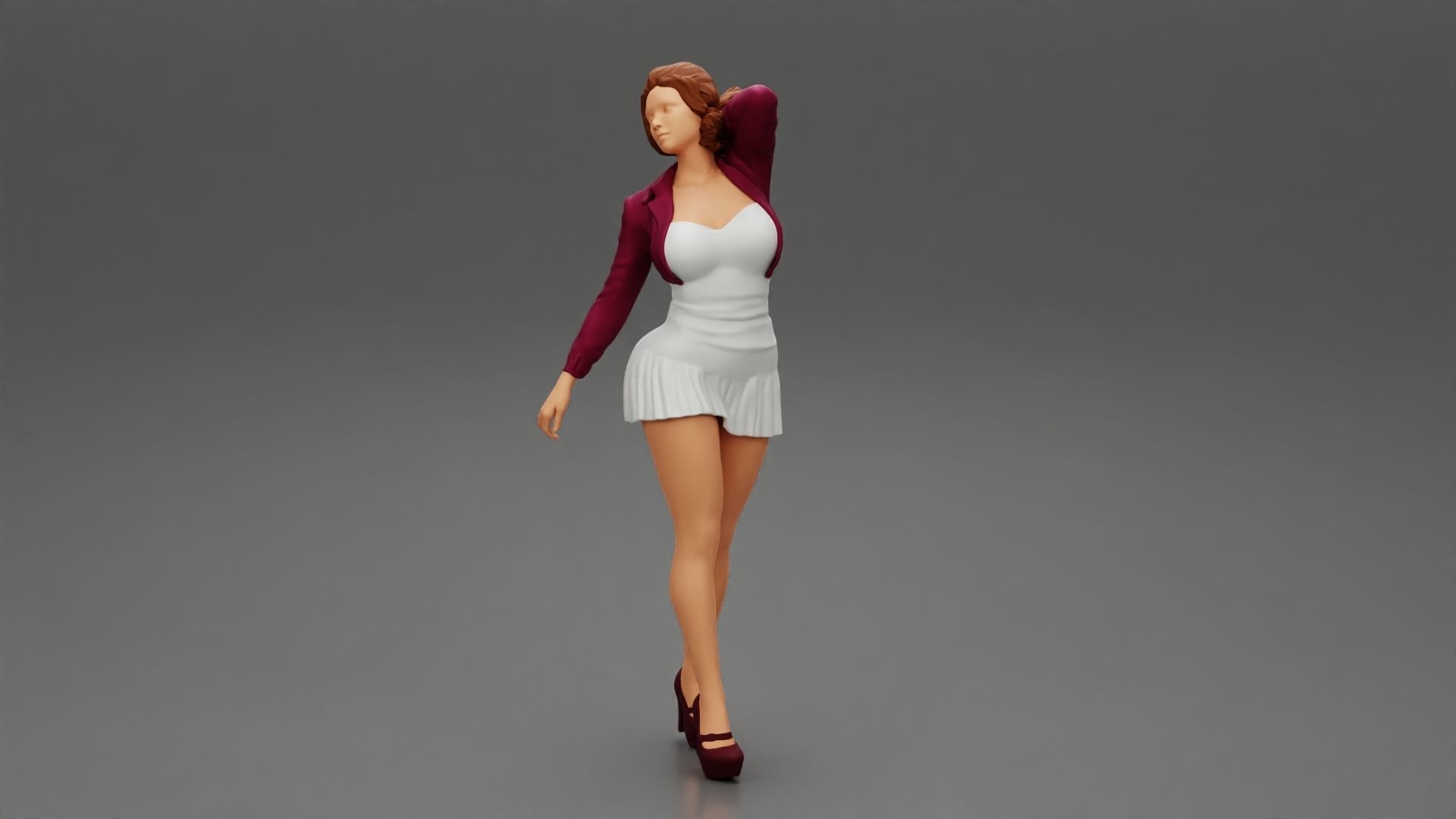 Beautiful woman in a dress walking with hand on head 3D print model_9