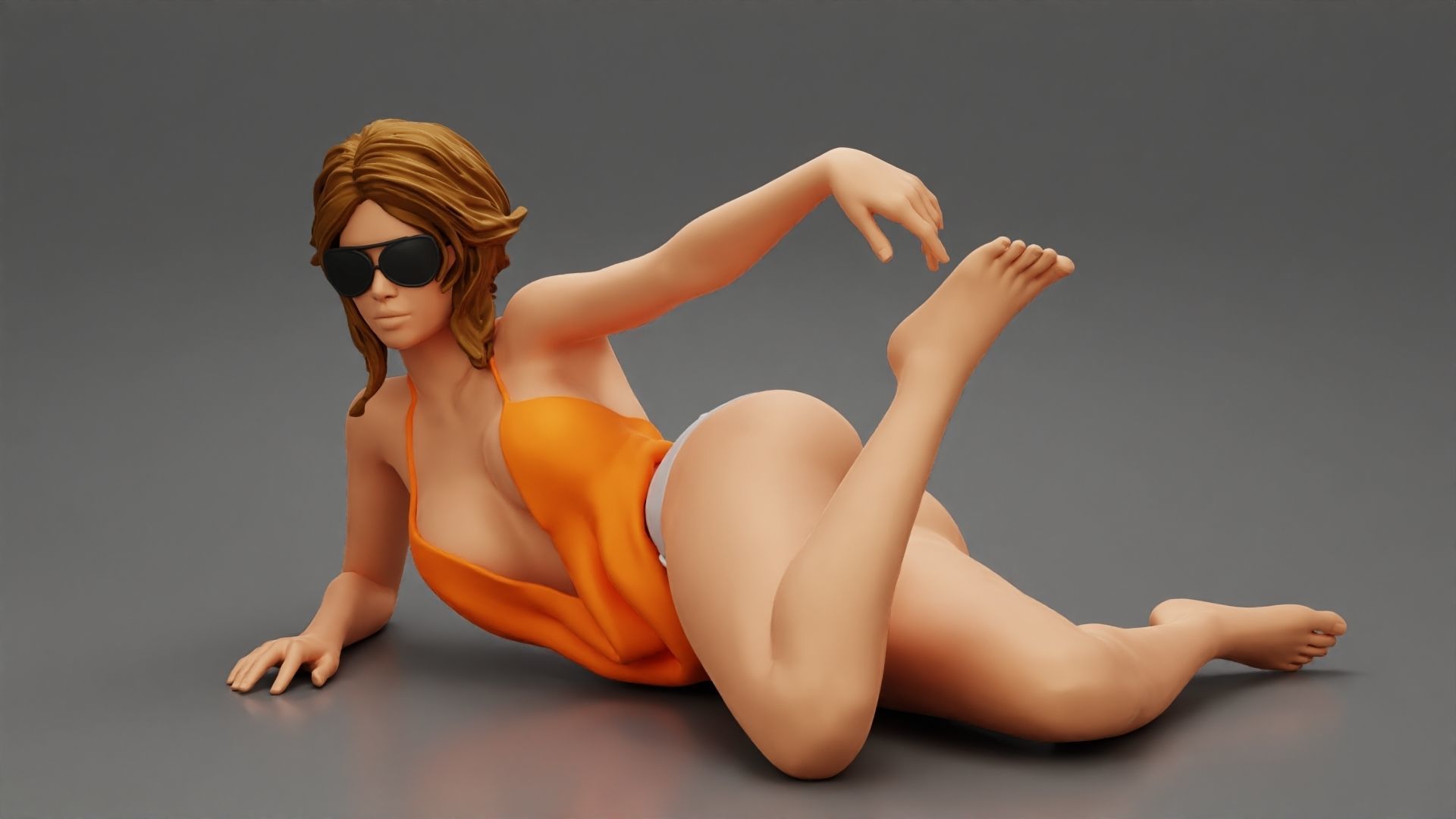 Sexy girl in sunglasses and Bikini lying on sandy beach 3D print model_9