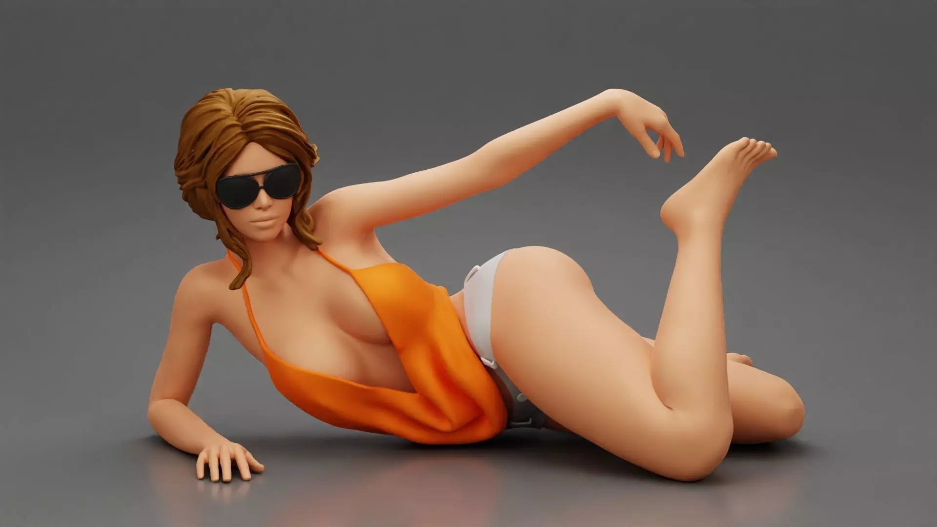 Sexy girl in sunglasses and Bikini lying on sandy beach 3D print model_0