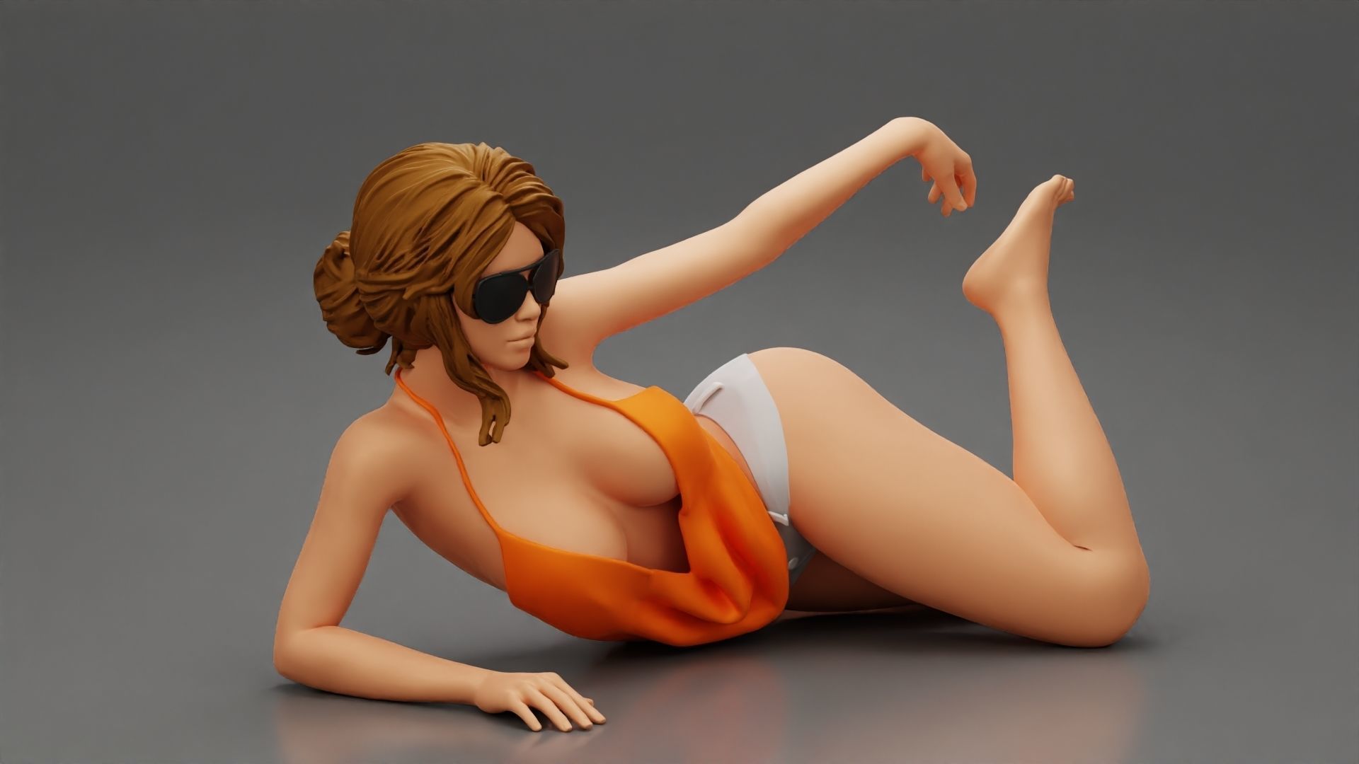 Sexy girl in sunglasses and Bikini lying on sandy beach 3D print model_1