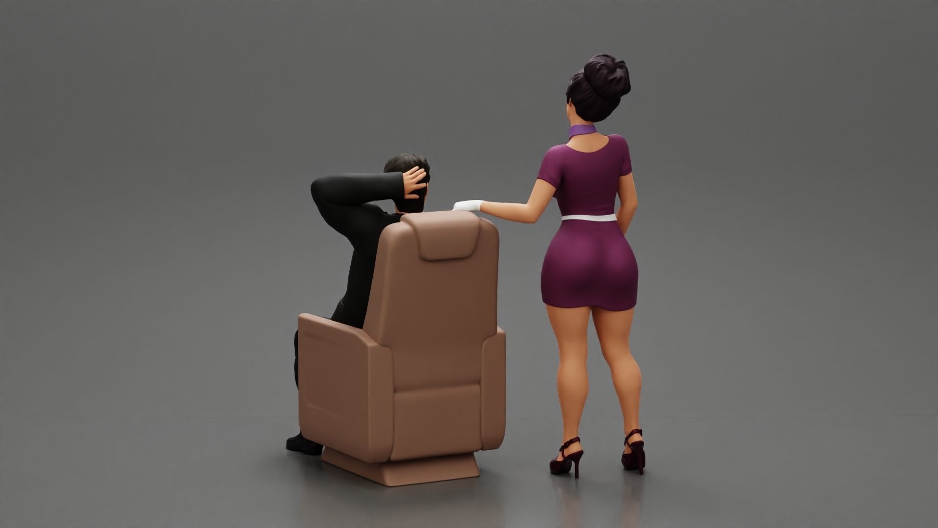 Stewardess Posing and her hand on the seat with businessman 3D print model_5