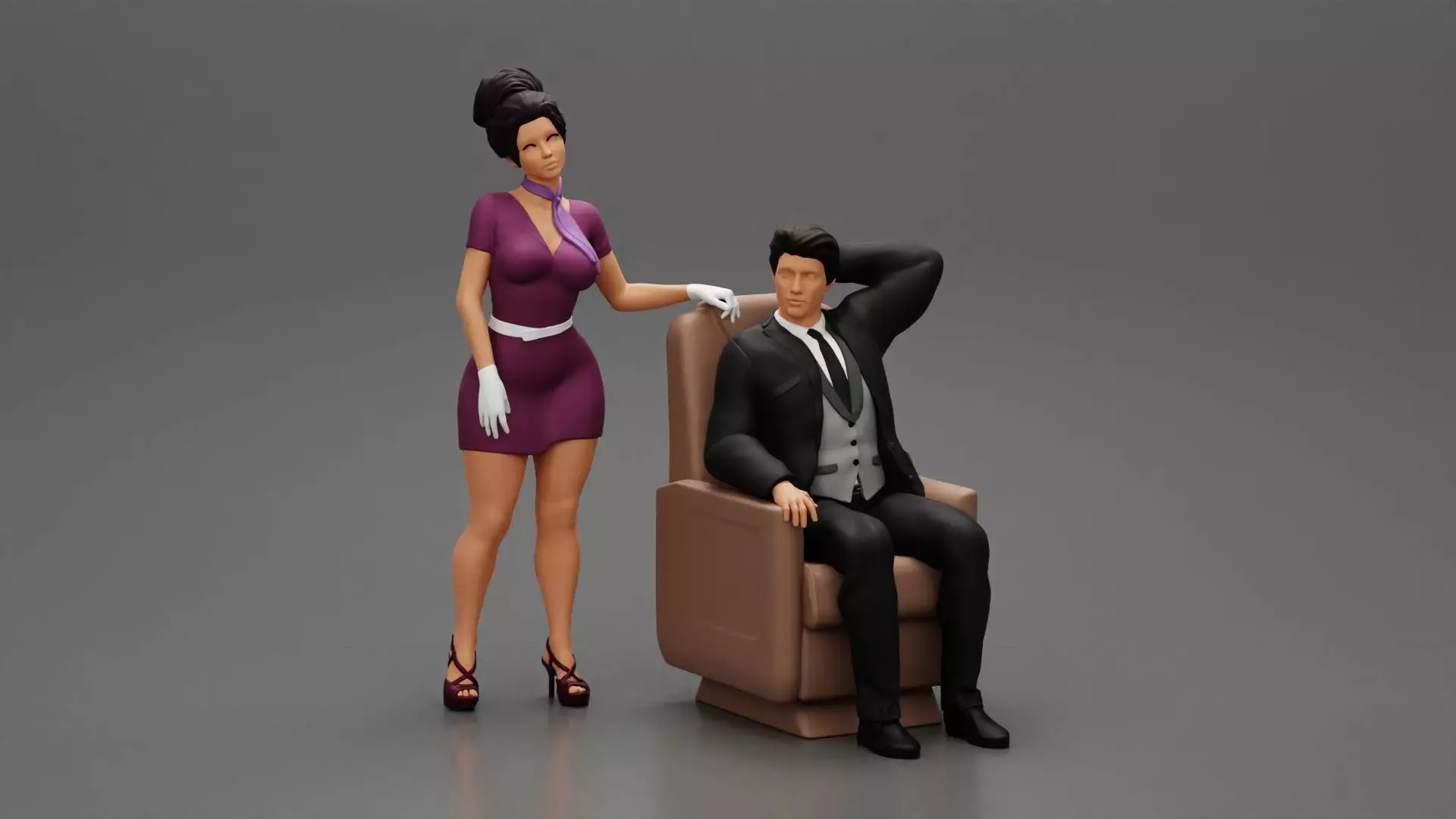 Stewardess Posing and her hand on the seat with businessman 3D print model_0