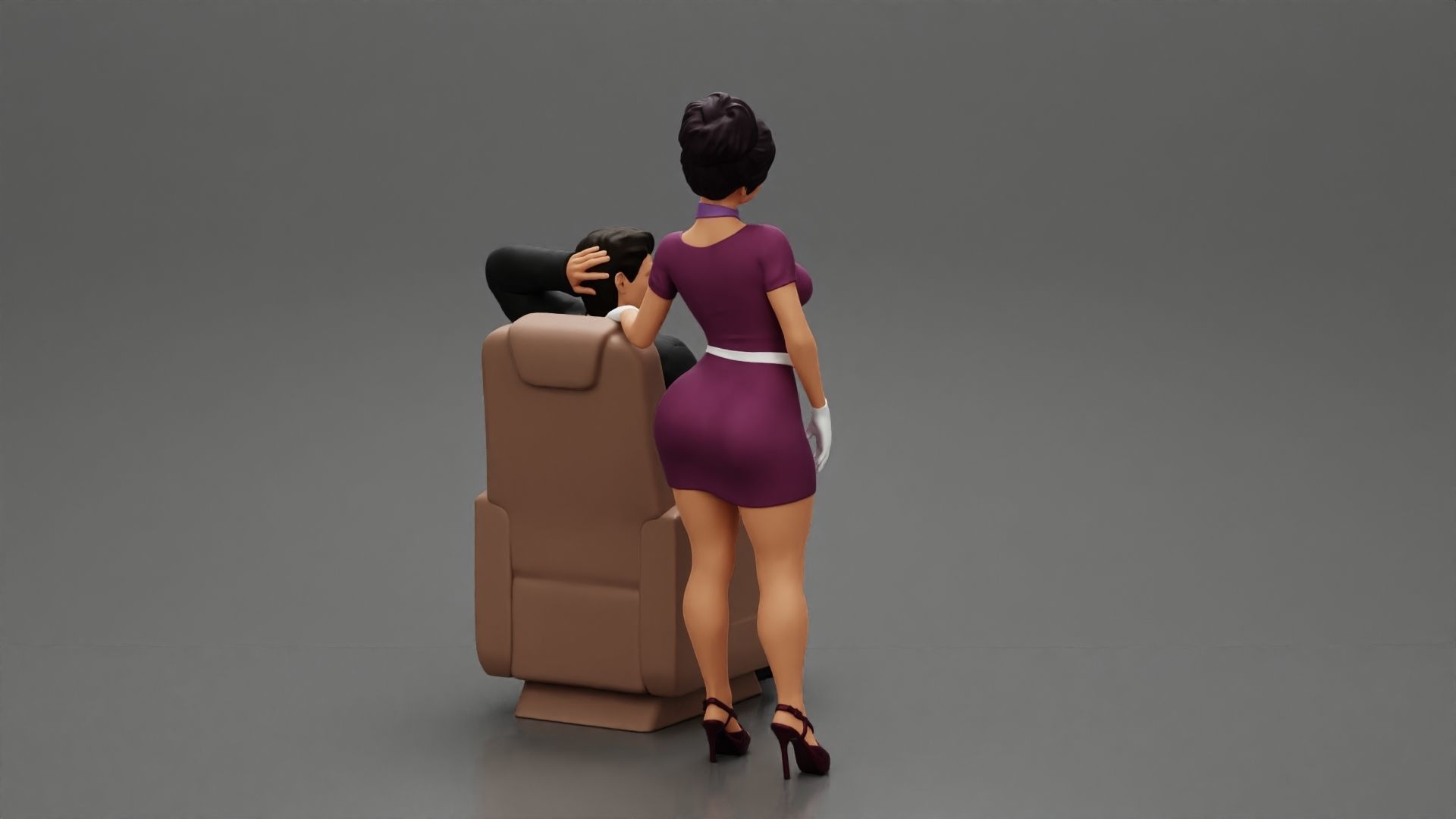 Stewardess Posing and her hand on the seat with businessman 3D print model_4