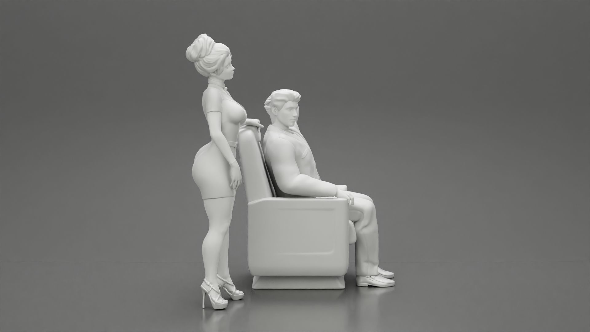 Stewardess Posing and her hand on the seat with businessman 3D print model_9