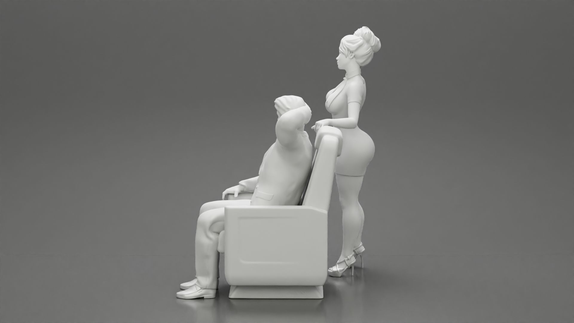 Stewardess Posing and her hand on the seat with businessman 3D print model_12
