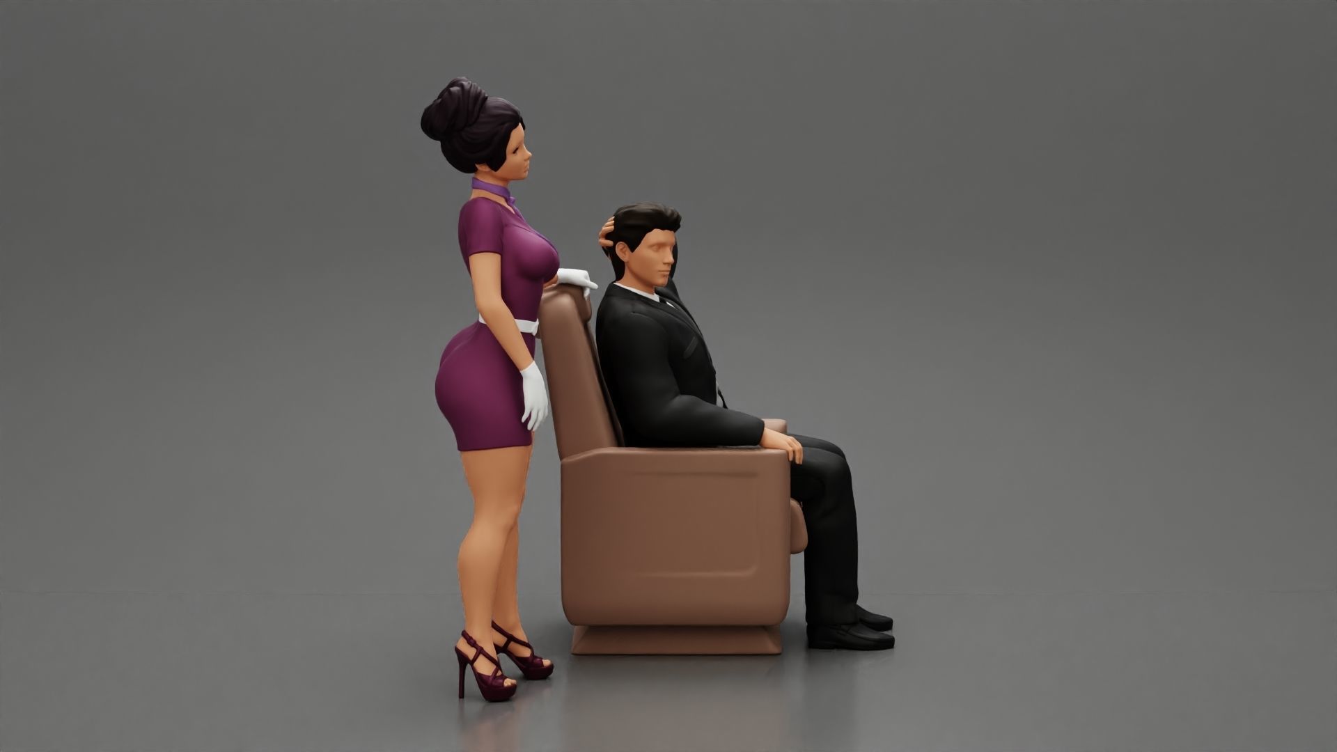 Stewardess Posing and her hand on the seat with businessman 3D print model_3