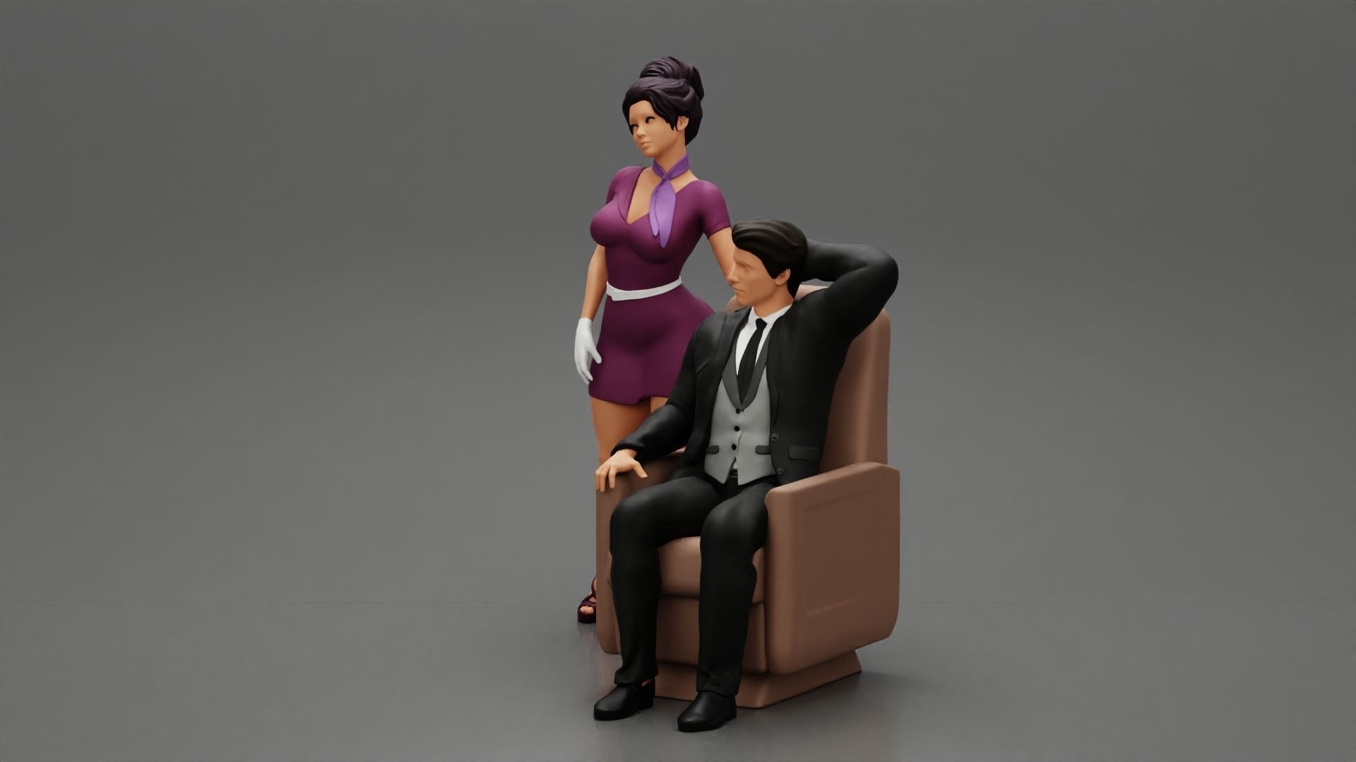 Stewardess Posing and her hand on the seat with businessman 3D print model_7