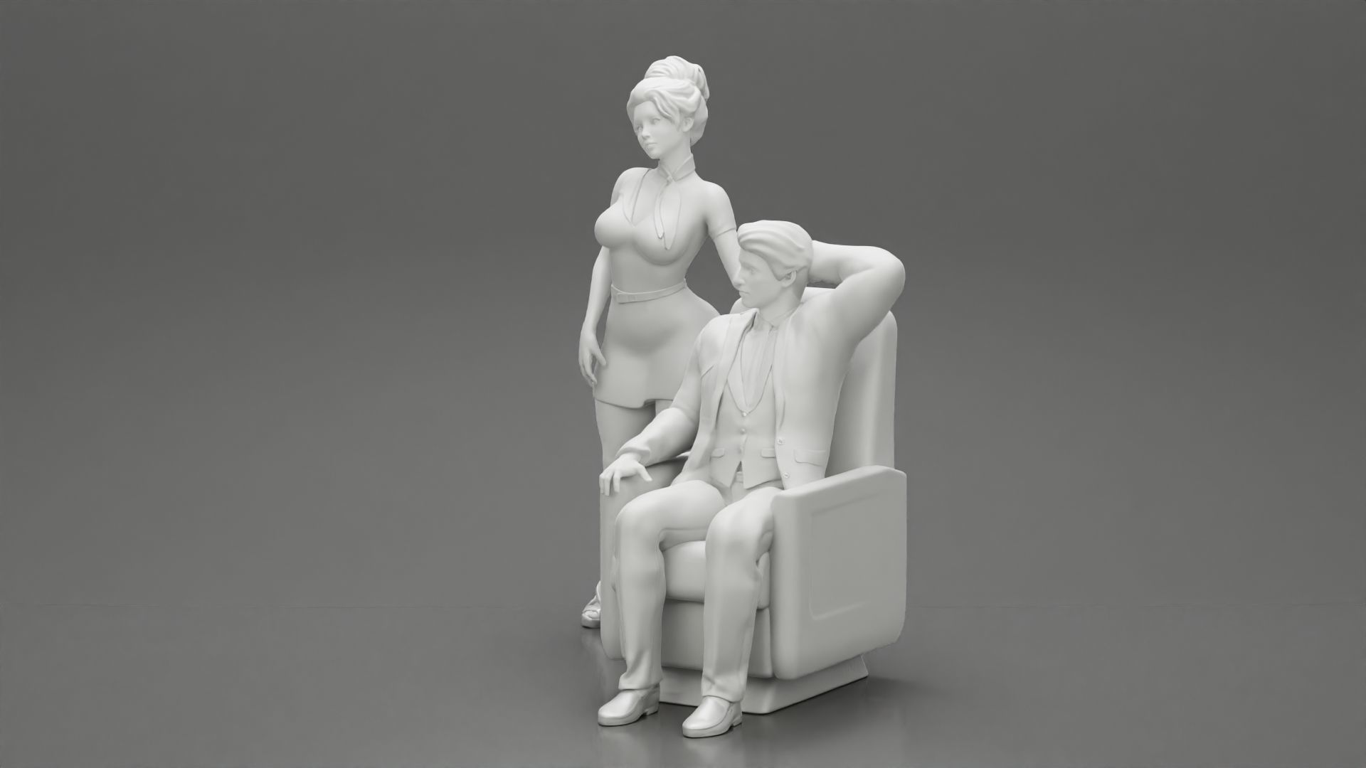 Stewardess Posing and her hand on the seat with businessman 3D print model_13
