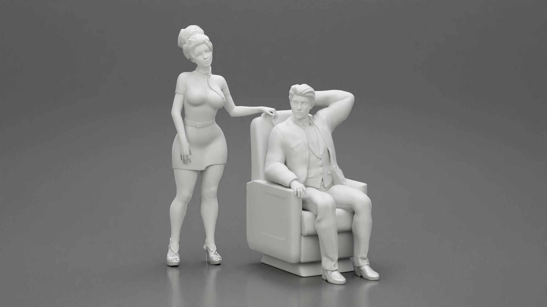 Stewardess Posing and her hand on the seat with businessman 3D print model_8