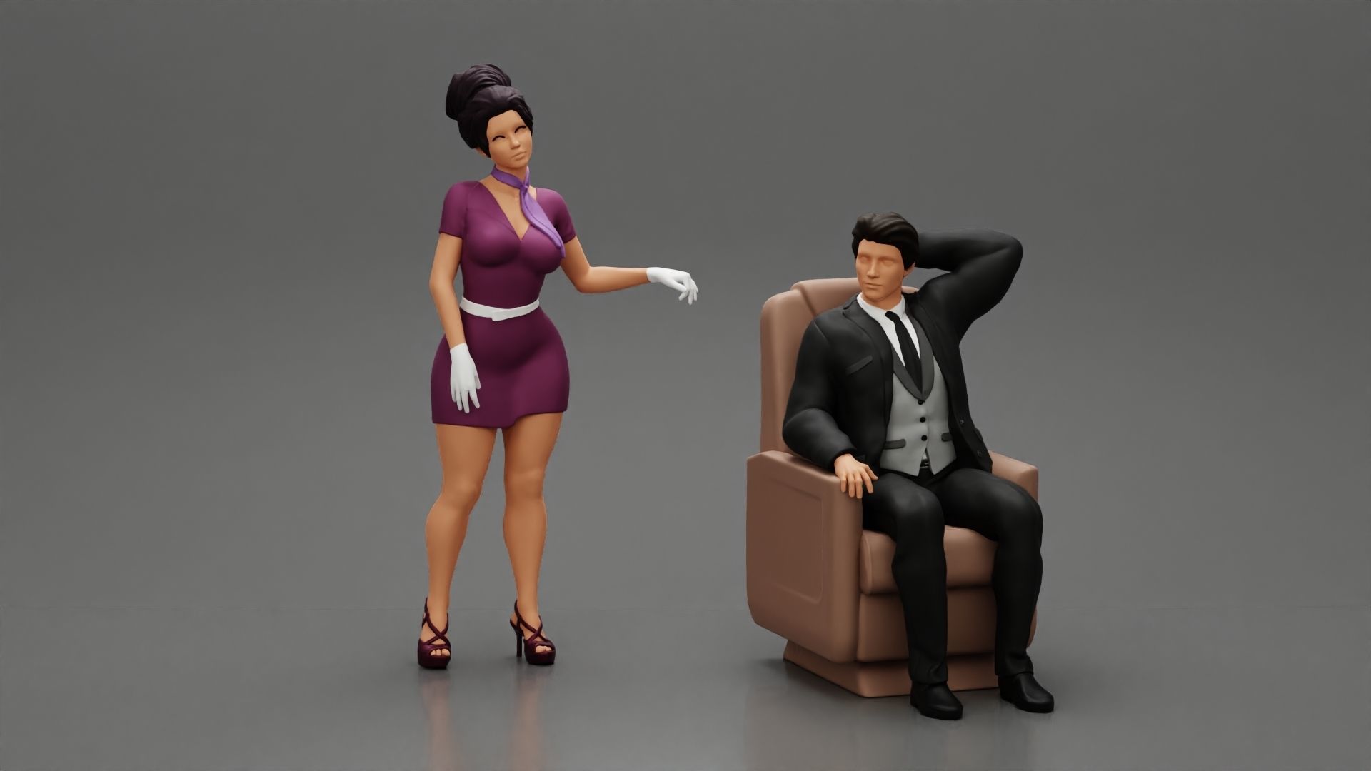 Stewardess Posing and her hand on the seat with businessman 3D print model_1