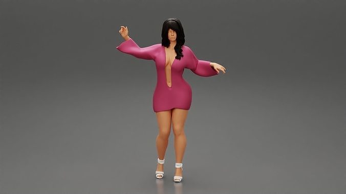 Young Woman in v neck long sleeve dress 3D print model