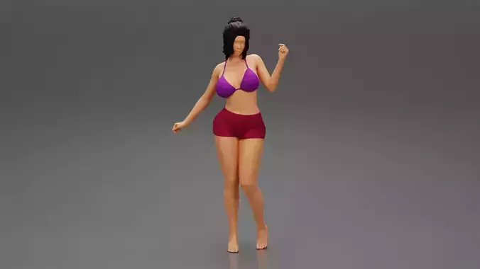 young brunette woman in shorts and bra posing with short hair