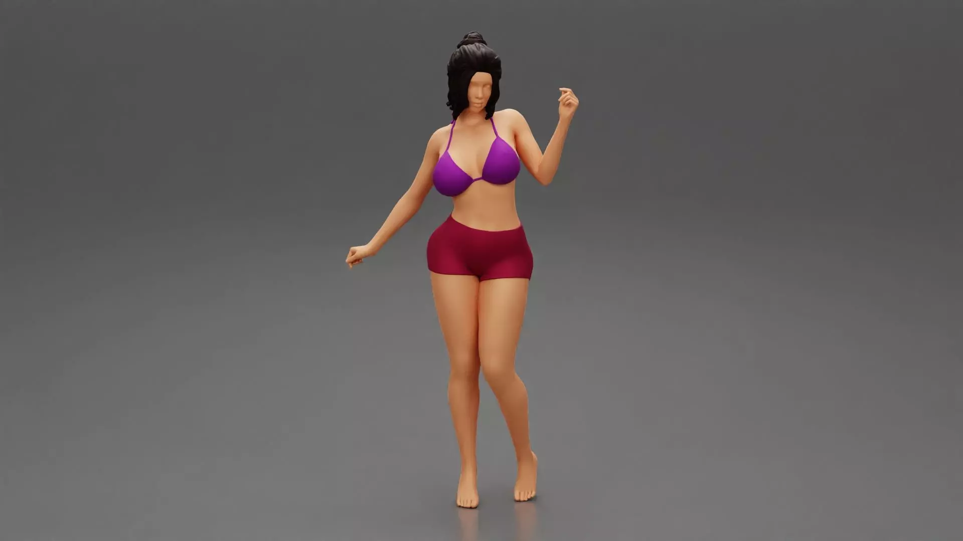 young brunette woman in shorts and bra posing with short hair 3D print model
