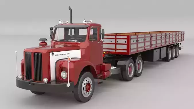1975 Semi Truck Double Axle And Trailer 3D model 1975 Semi Truck Double Axle And Trailer 3D model