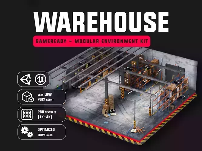 Modular Warehouse Interior Game Ready Environment Kit UE5 Unity Low-poly 3D model