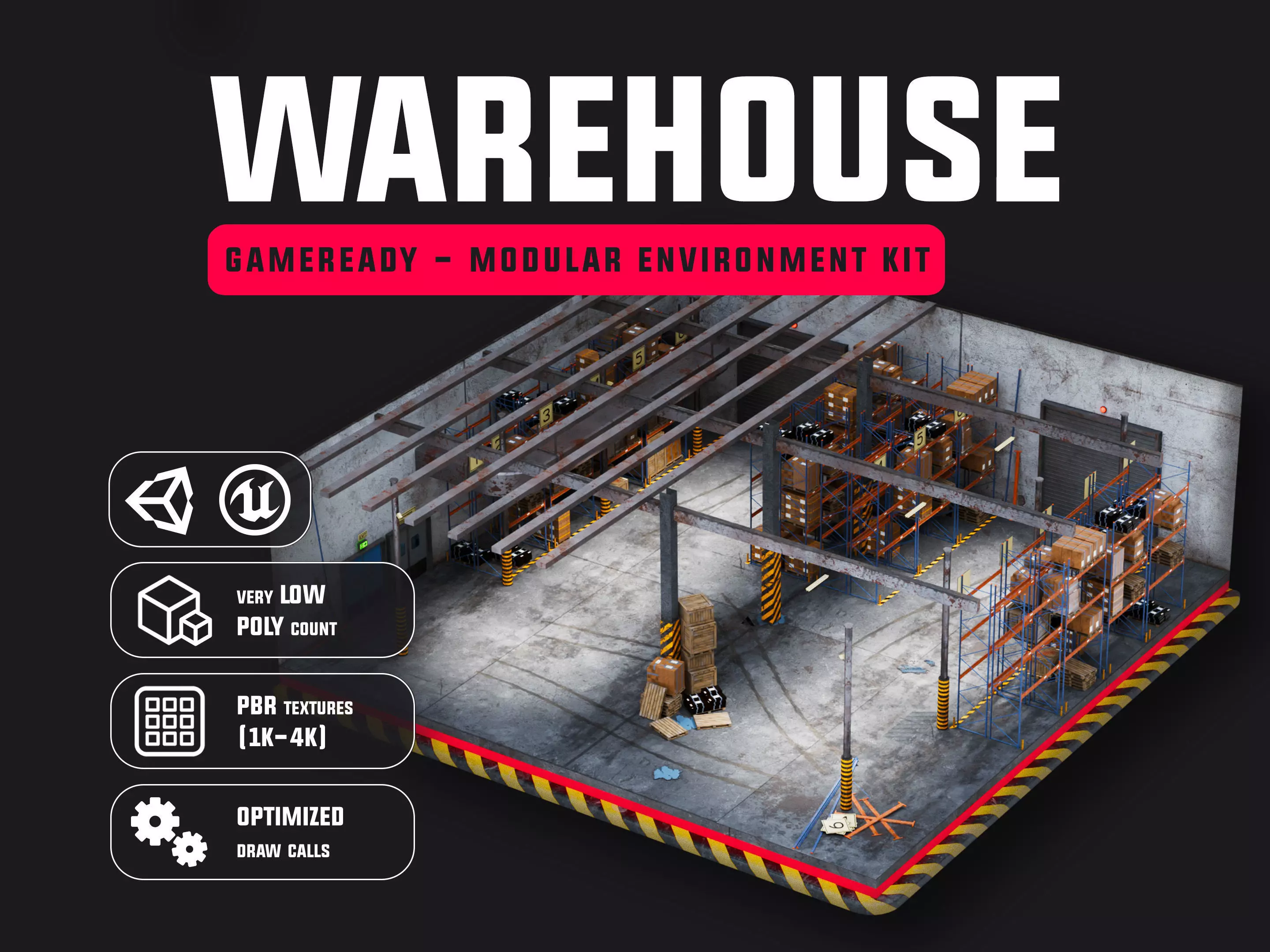 Modular Warehouse Interior Game Ready Environment Kit UE5 Unity Low-poly 3D model_3