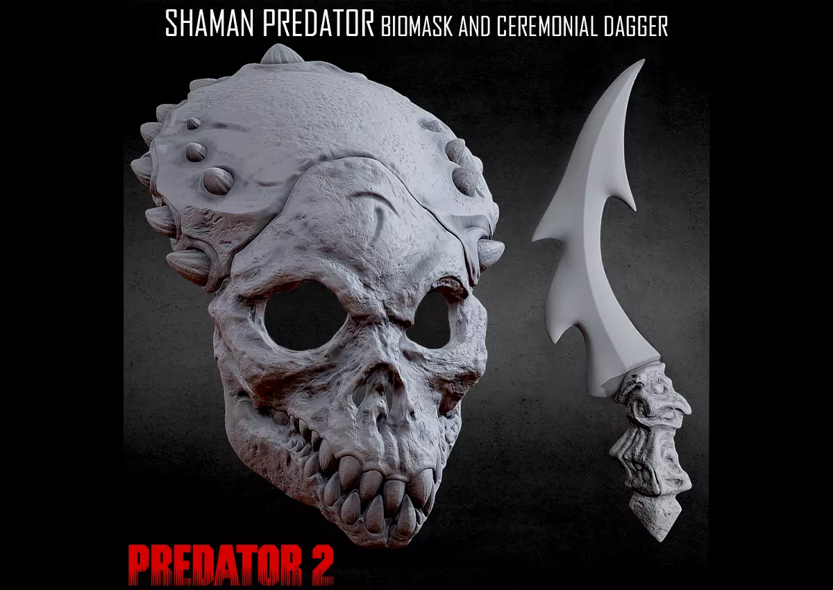 3D PRINTABLE SHAMAN PREDATOR BIOMASK AND CEREMONIAL DAGGER 3D print model_0