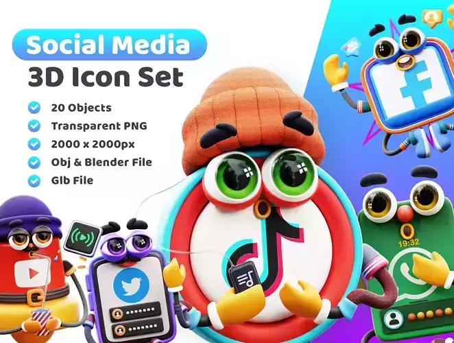 Social Media Sticker Mascot Icon Pack 3D Model