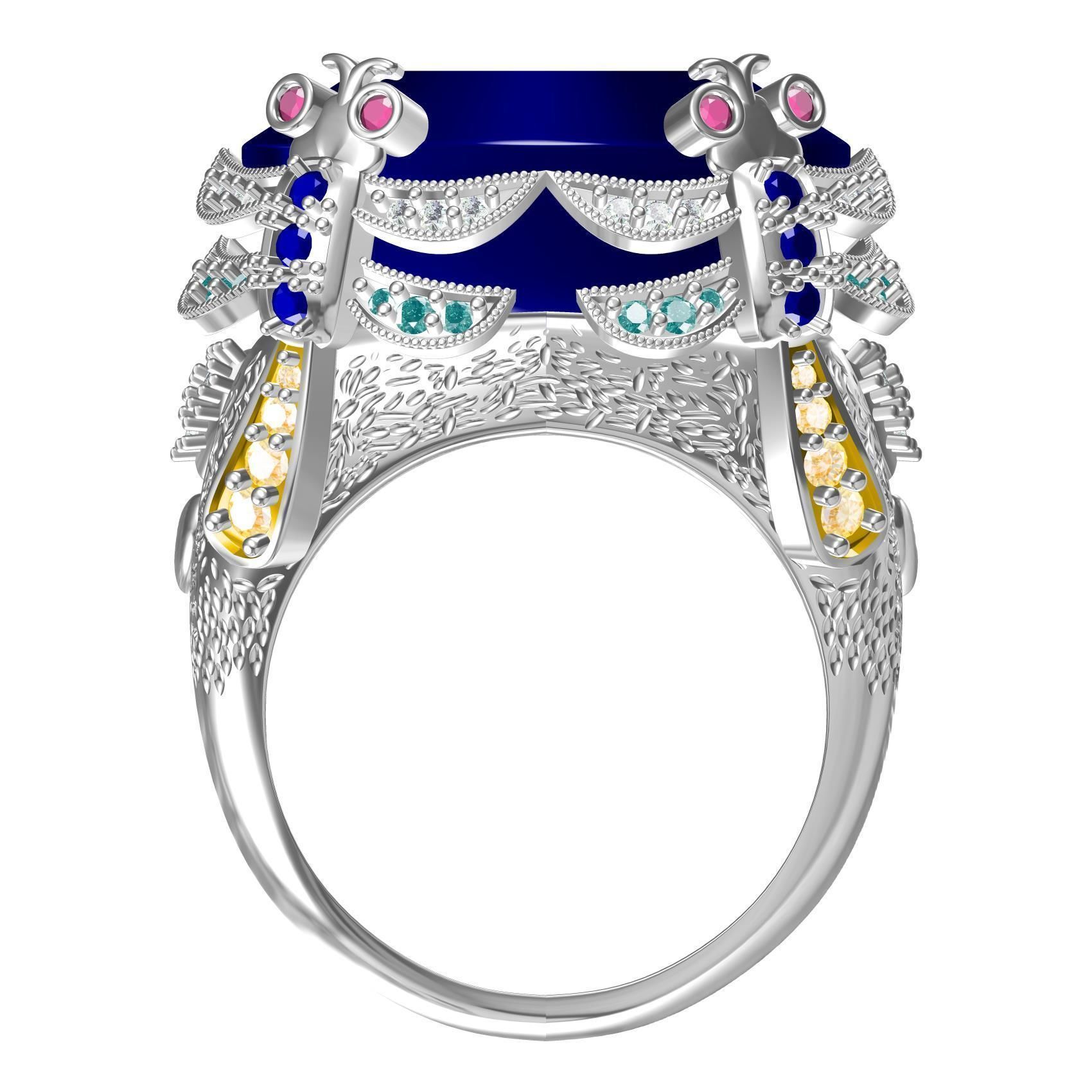 Unique Oval Stone Floral Design Hip Hop Ring 3D print model_5